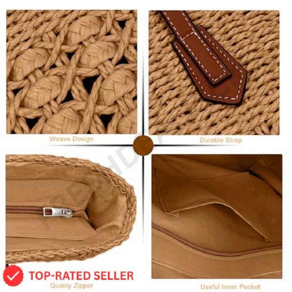 Straw Woven Tote Handbag Summer Vacation Travel Boho Chic Shoulder Bag - Picture 7 of 8